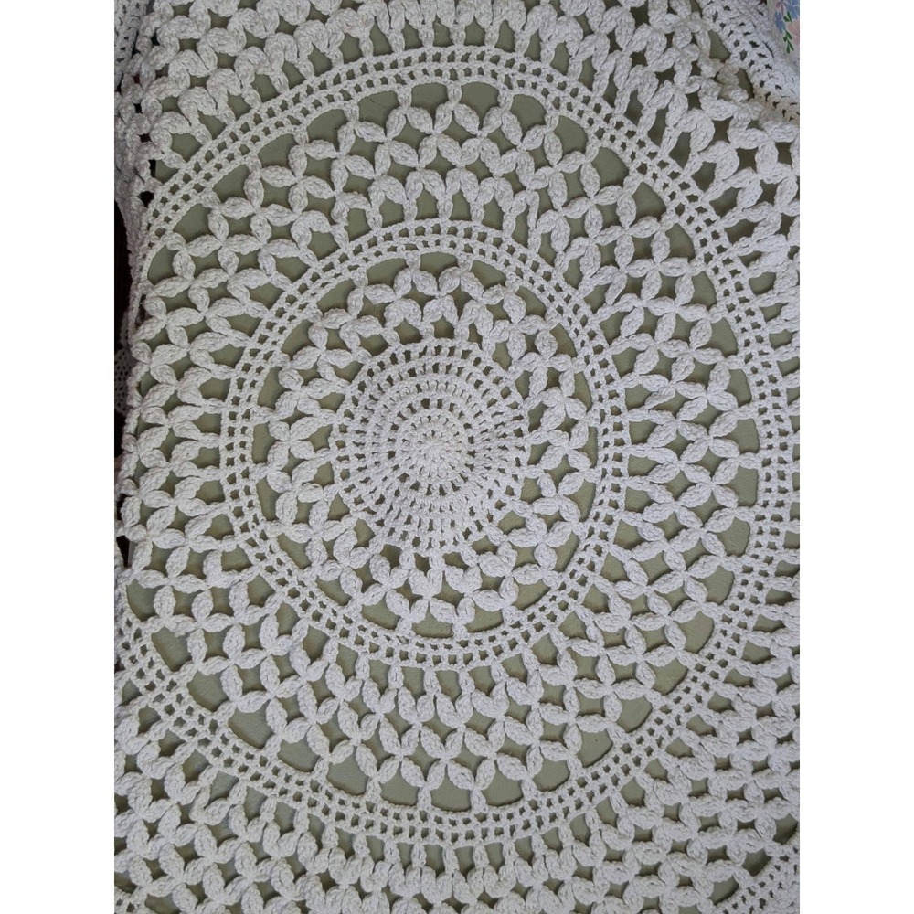 Large Vintage Hand Crocheted White Doily, Round Crochet Lace Doily, Farmhouse